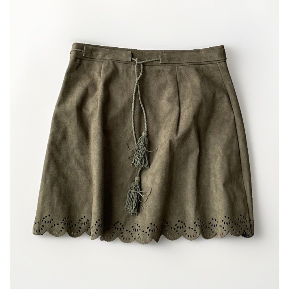 Molly Bracken Olive Green Faux Suede Mini Skirt Size S Boho Western Festival